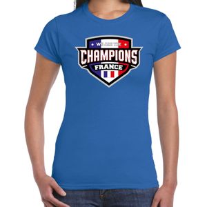 We are the champions France t-shirt met schild embleem in de kleuren van de Franse vlag - blauw - dames - Frankrijk supporter / Frans elftal fan shirt / EK / WK / kleding