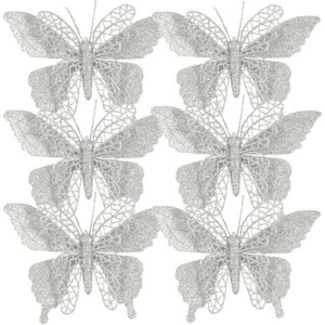 House of Seasons kerstboomversiering vlinders op clip - 6x st - zilver - 16 cm