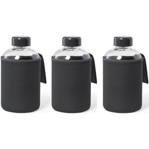 6x Stuks glazen waterfles/drinkfles met zwarte softshell bescherm hoes 600 ml - Sportfles - Bidon