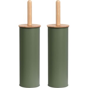 Zeller WC/Toiletborstel in houder metaal/bamboe hout - 2x stuks - salie groen - 38 x 10 cm