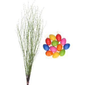 Paastakken bos met 12x gekleurde paaseieren - 75 cm - groen - paasdecoratie