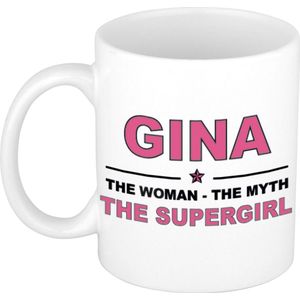 Naam cadeau Gina - The woman, The myth the supergirl koffie mok / beker 300 ml - naam/namen mokken - Cadeau voor o.a  verjaardag/ moederdag/ pensioen/ geslaagd/ bedankt