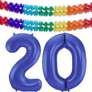 Folat folie ballonnen - Leeftijd cijfer 20 - blauw - 86 cm - en 2x slingers