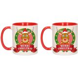 Set van 2x stuks kerst bekers / mokken - rood met wit - 300 ml keramiek - Rendier Rudolf print