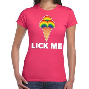 Gay pride lick me t-shirt roze met tekst en regenboog ijsbolletjes voor dames - lgbt kleding