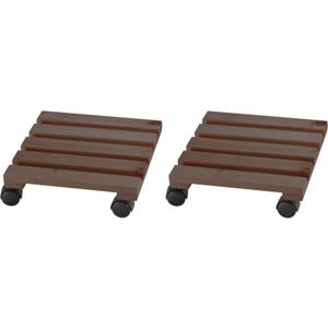 2x Plantenonderzetter/multiroller beukenhout donkerbruin vierkant 30 x 30 cm voor harde vloeren - 100 kg - Woonaccessoires/decoratie houten planken/trolley voor kamerplanten