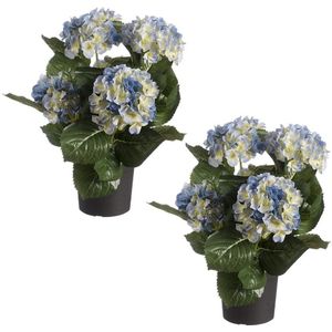Set van 2x stuks blauwe hortensia kunstplanten in zwarte kunststof pot 44 cm - Hydrangea - Woondecoratie