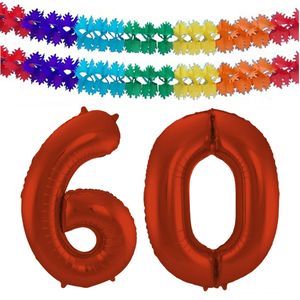 Folat folie ballonnen - Leeftijd cijfer 60 - rood - 86 cm - en 2x slingers