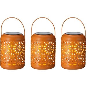 3x stuks solar lantaarn ijzer oranje met hengsel 17 cm - Tuinlantaarns - Solarverlichting - Tuinverlichting