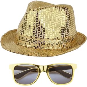 Funny Fashion Verkleedkleding set hoed/bril goud glitter volwassenen