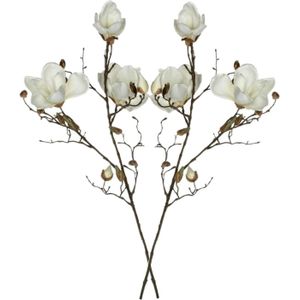 Mica Decorations Kunstbloem Magnolia tak - 2x - 90 cm - wit - Kunst zijdebloemen