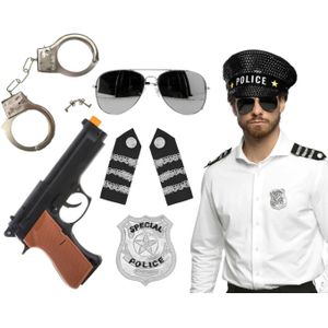 Carnaval verkleed set - politiepet zwart - handboeien/epauletten/badge/zonnebril/pistool