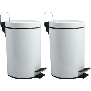 MSV Prullenbak/pedaalemmer - 2x - metaal - wit - 5 liter - 20 x 28 cm - Badkamer/toilet