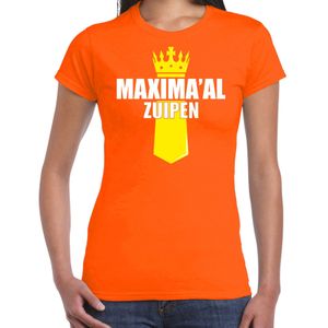 Koningsdag t-shirt Queen Maximaal zuipen met kroontje oranje - dames - Kingsday outfit / kleding / shirt