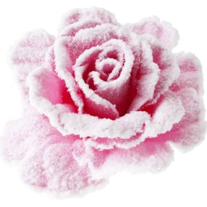 Pastel roze rozen met sneeuw op clip 10 cm - kerstversiering