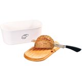 Witte broodtrommel met houten snijplank deksel 18 x 34 x 14 cm - Keukenbenodigdheden - Broodtrommels/brooddozen/vershoudtrommels - Brood/kadetjes bewaren en vers houden