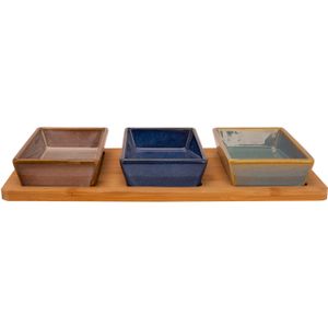 Serveerplank bamboe 31 x 15 cm met 3x luxe hapjes/saus/tapas schaaltjes