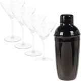 4x Cocktailglazen / martiniglazen 260 ml van glas + Cocktailshaker zwart 500 ml RVS 9 x 22 cm - Cocktails maken - Mix/shake bekers