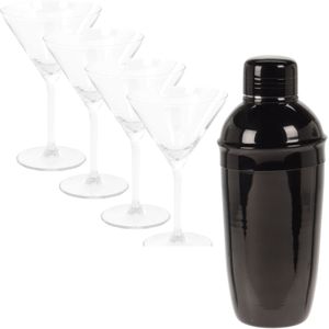 4x Cocktailglazen / martiniglazen 260 ml van glas + Cocktailshaker zwart 500 ml RVS 9 x 22 cm - Cocktails maken - Mix/shake bekers