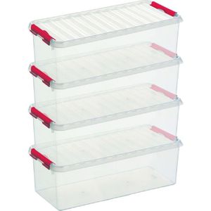 10x Sunware Q-Line opberg boxen/opbergdozen 9,5 liter  48,5 x 19 x 14,7 cm kunststof -Langwerpige/smalle opslagbox - Opbergbak kunststof transparant/rood