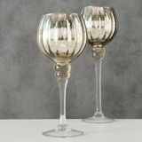 Luxe glazen design kaarsenhouders/windlichten set van 2x stuks metallic champagne/goud met formaat tussen de 25 en 30 cm