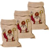 Pakket van 3x stuks jute Sinterklaas cadeau zakken groot 50 x 80 cm - Sint feestartikelen jute kadozakken