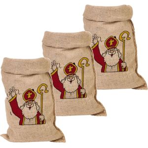 Pakket van 3x stuks jute Sinterklaas cadeau zakken groot 50 x 80 cm - Sint feestartikelen jute kadozakken