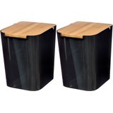 5Five prullenbak/vuilnisbak - 2x stuks - 5 liter - bamboe - zwart/lichtbruin - 24 x 19 cm - badkamer