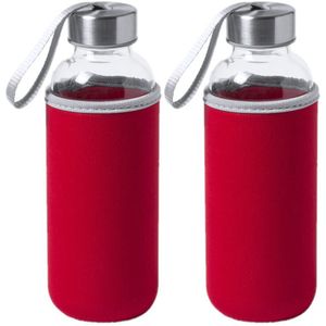 4x Stuks glazen waterfles/drinkfles met rode softshell bescherm hoes 420 ml - Sportfles - Bidon