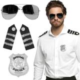 Carnaval verkleed set - politiepet - zwart - met epauletten/badge/zonnebril/pistool - heren/dames