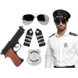 Carnaval verkleed set - politiepet - zwart - met epauletten/badge/zonnebril/pistool - heren/dames