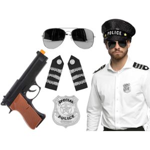 Carnaval verkleed set - politiepet - zwart - met epauletten/badge/zonnebril/pistool - heren/dames