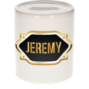 Jeremy naam cadeau spaarpot met gouden embleem - kado verjaardag/ vaderdag/ pensioen/ geslaagd/ bedankt