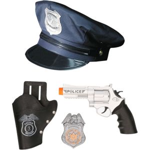 Carnaval verkleed politiepet - blauw - met pistool/badge - heren/dames - verkleedkleding accessoires