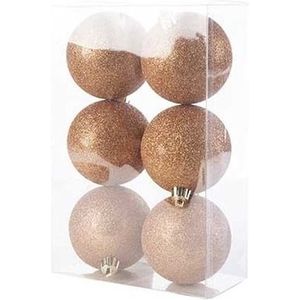 6x Koperen kunststof kerstballen 8 cm - Glitter - Onbreekbare plastic kerstballen - Kerstboomversiering koper