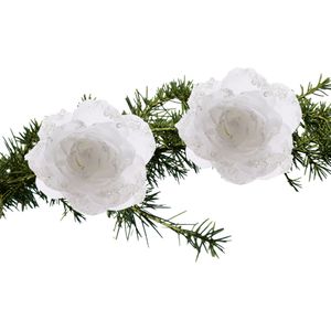 Kerstboom bloemen - 2x stuks - wit - kunststof - 14 cm