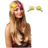 Hippie Flower Power verkleed hoofdband en ronde gele glazen party bril