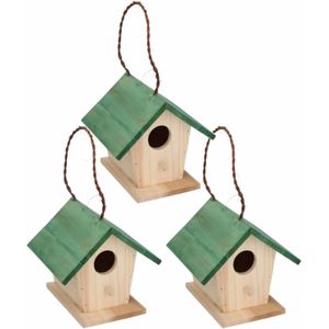 4x stuks houten vogelhuisje/nestkastje met groen dak 17 cm - Vogelhuisjes tuindecoraties -  Afmeting: ca. 17 x 16 x 15 cm