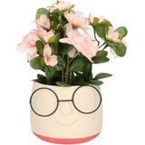 Dijk Natural Collections Bloempot/plantenpot gezicht met brilletje - wit/fuchsia roze - voor kamerplant - D13 x H10 cm
