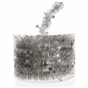 Decoris Kerstslinger-guirlande - met sterren - zilver - glanzende lametta - 700 cm