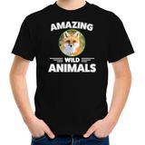T-shirt vos - zwart - kinderen - amazing wild animals - cadeau shirt vos / vossen liefhebber