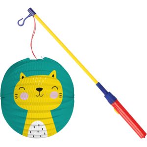 Bol lampion kat/poes - blauw - 22 cm - papier - met lampionstokje - 40 cm