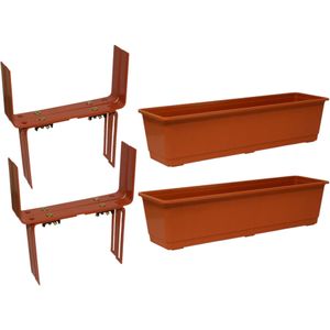 Set van 3 kunststof plantenbakken terracotta rechthoekig 60 cm met 6 verstelbare balkon/muurbeugels