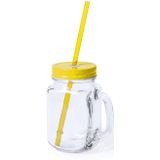 2x stuks Glazen Mason Jar drinkbekers gele dop en rietje 500 ml - afsluitbaar/niet lekken/fruit shakes