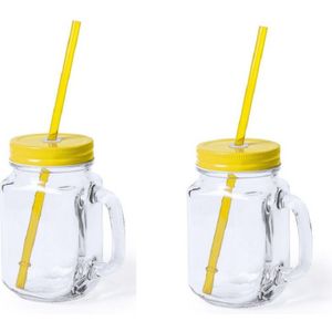 2x stuks Glazen Mason Jar drinkbekers gele dop en rietje 500 ml - afsluitbaar/niet lekken/fruit shakes