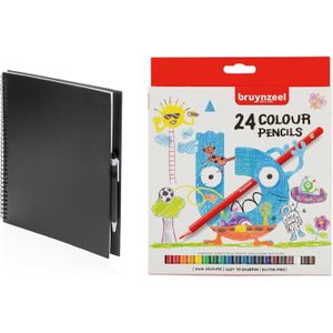 Zwart schetsboek/tekenboek met 24 kleurpotloden - Tekenen/kleuren