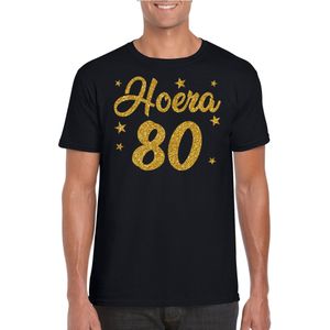 Hoera 80 jaar verjaardag cadeau t-shirt - goud glitter op zwart - heren - cadeau shirt