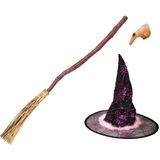 Heksen verkleed accessoire set voor kinderen - heksenhoed - heksenneus - bezem