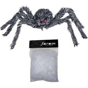 Horror spin groot inclusief XL spinnenweb - Halloween decoratie/versiering - grijs - 60 cm