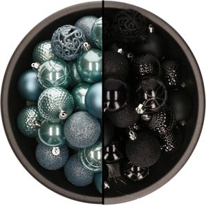 Bellatio Decorations Kerstballen mix - 74-delig - ijsblauw en zwart - 6 cm - kunststof